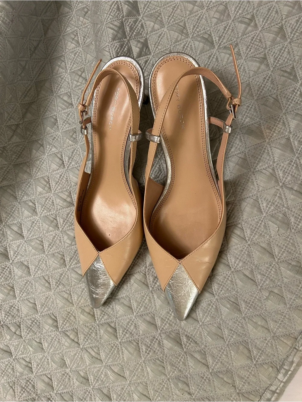 Tory Burch Tan Leather Slingback Pumps with Silver Toe Size 7